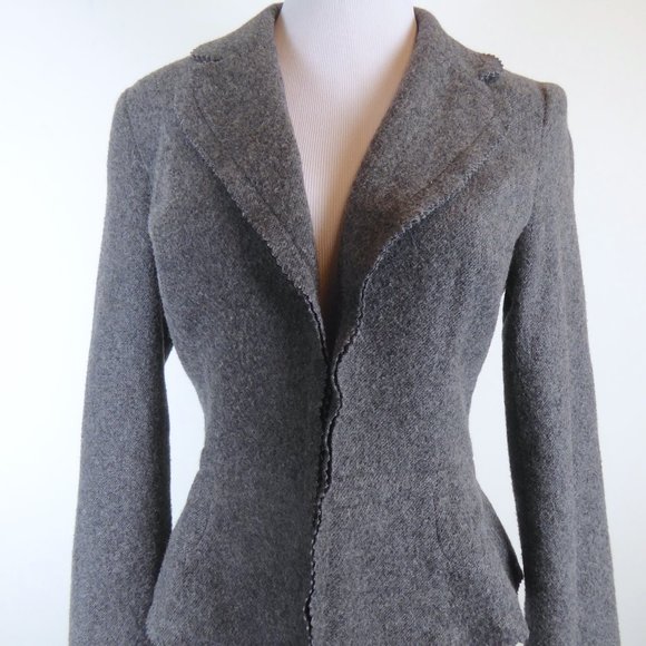 JULIA wool knit Jacket gray blazer herringbone pinked edge wool fitted 8 - Picture 2 of 12